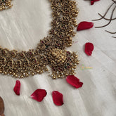 Vriksham Lakshmi Mayura Antique & Lotus Floral Temple Bridal Set-Green Red-Pearl-G19181